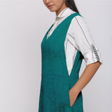 Pine Green Cotton Linen V-Neck Midi Pinafore Dress