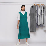 Pine Green Cotton Linen V-Neck Midi Pinafore Dress