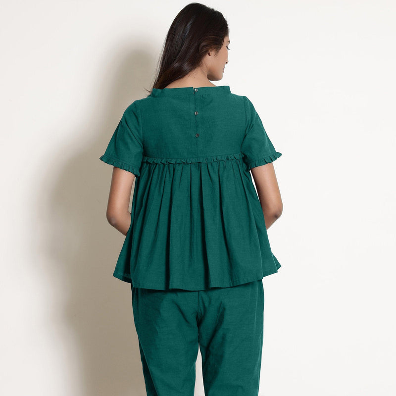 Back View of a Model wearing Pine Green Wine Gathered Frilled Top
