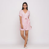 Front View of a Model wearing Pink Ditsy Block Print Cotton Short Romper