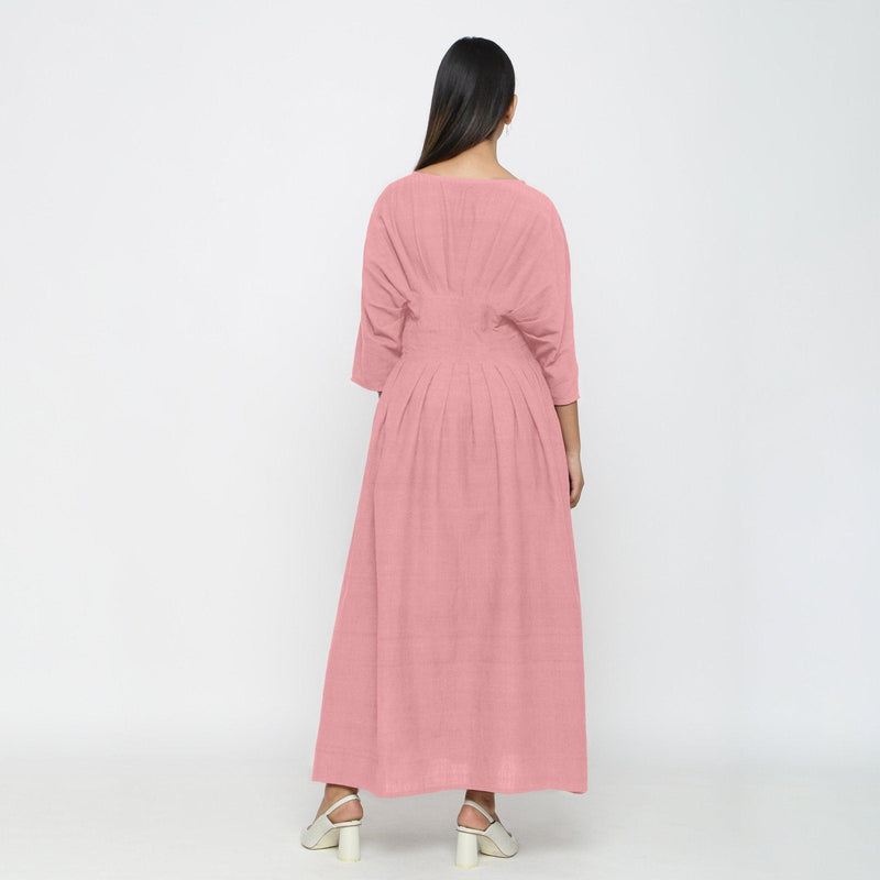 Pink Cotton Flax Ankle Length Pleated Flared Dress