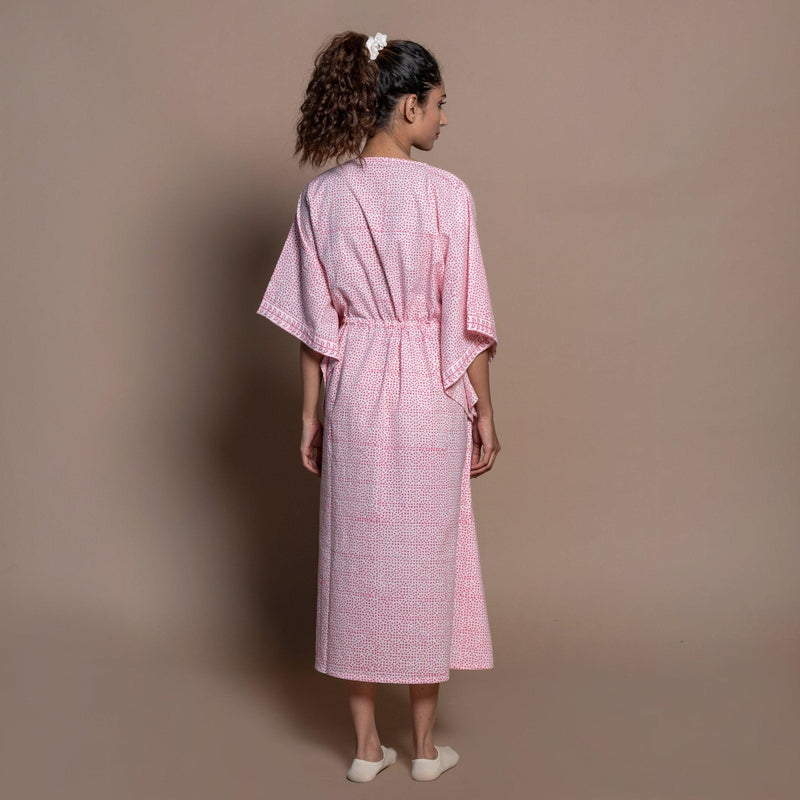Back View of a Model wearing Pink Hand Block Printed Cotton Midi Kaftan Dress