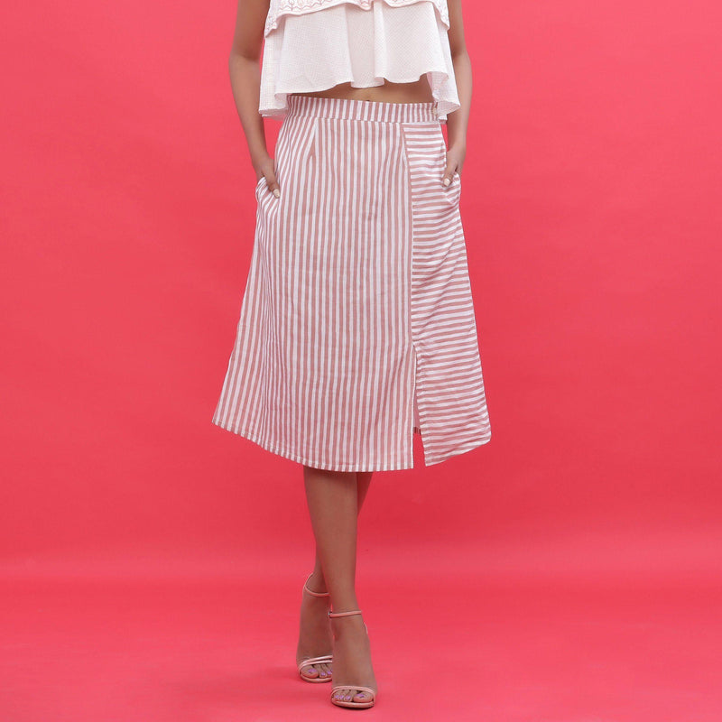 Front View of a Model wearing Pink Hand Screen Printed A-Line Skirt