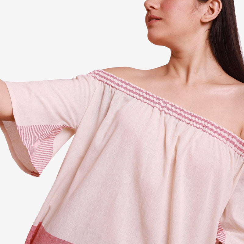 Front Detail of a Model wearing Pink Off Shoulder 100% Cotton Flared Maxi Dress