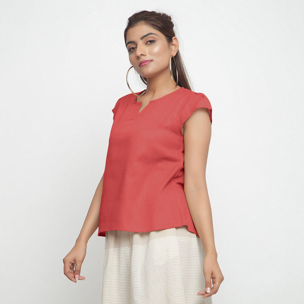 Left View of a Model wearing Pink Puff Sleeves Cotton A-Line Top