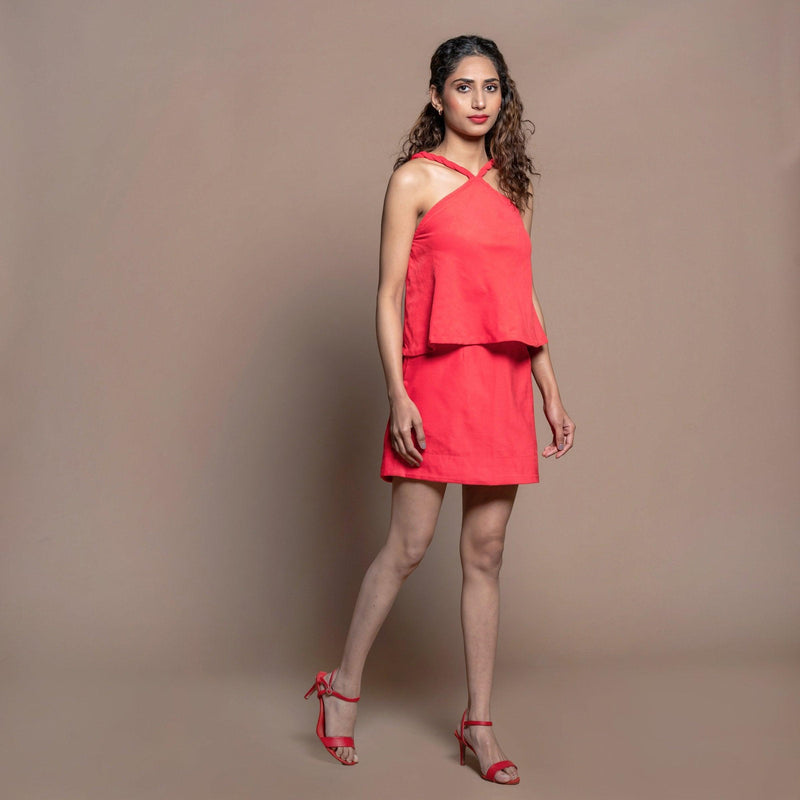 Right View of a Model wearing Red 100% Cotton Velvet High-Rise Short Skirt