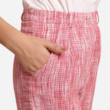 Front Detail of a Model wearing Red Crinkled 100% Cotton High-Rise Baggy Pant