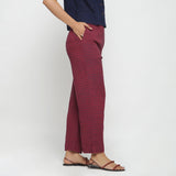 Right View of a Model wearing Red Polka Dots Straight Cotton Pant