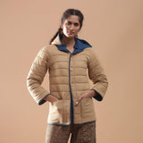 Front View of a Model wearing Blue Reversible Detachable Quilted Cotton Hoodie Jacket