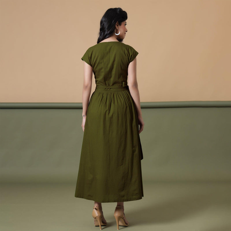 Back View of a Model wearing Reversible Moss Green Tie-Dye Cotton Maxi Wrap Dress