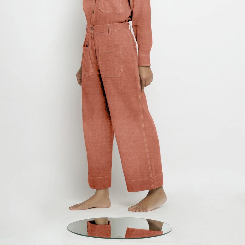 Left View of a Model wearing Rust Sandstone Linen Patch Pocket Wide Legged Pant