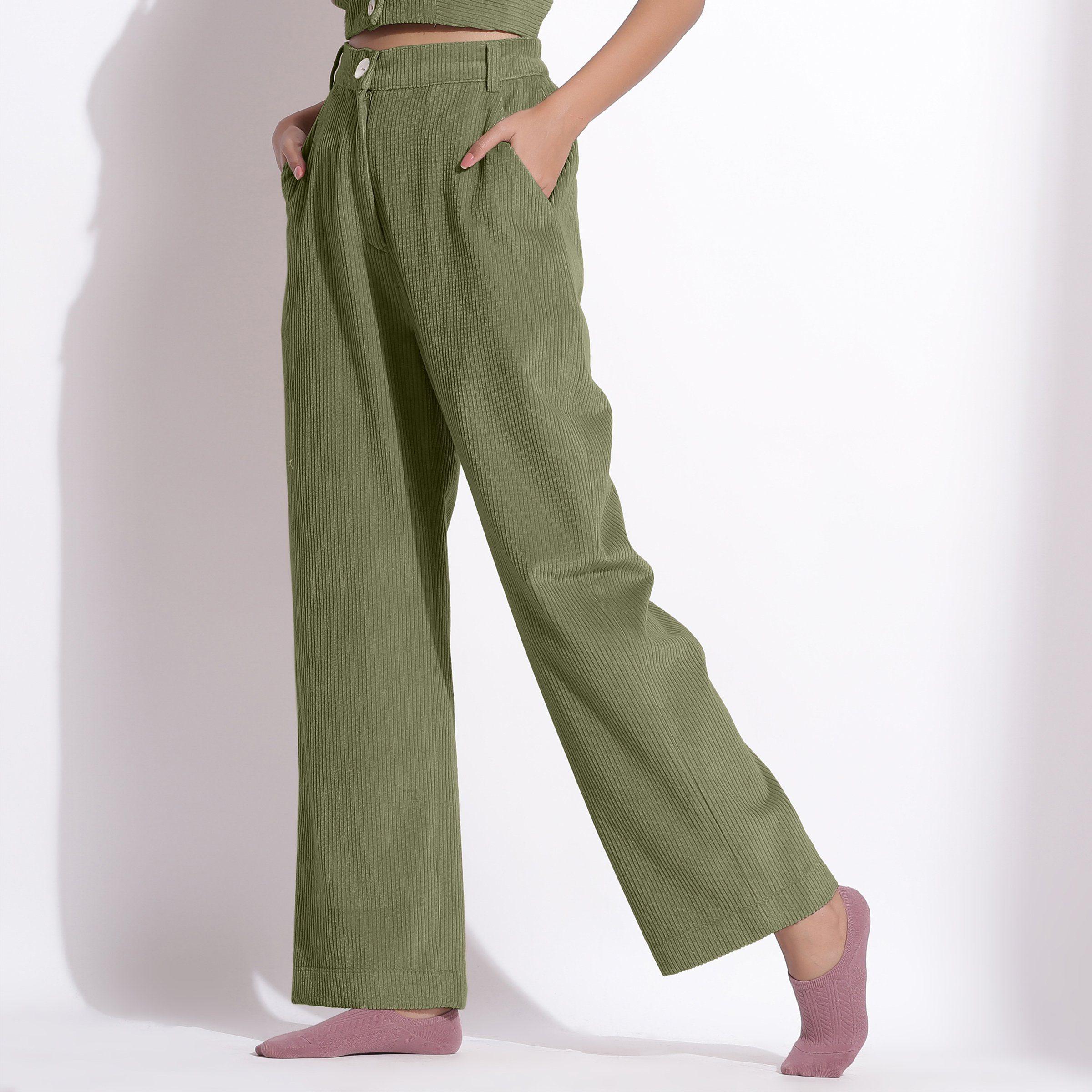 Buy Olive Green Cotton Mid-Rise Elasticated Wide Legged Pant
