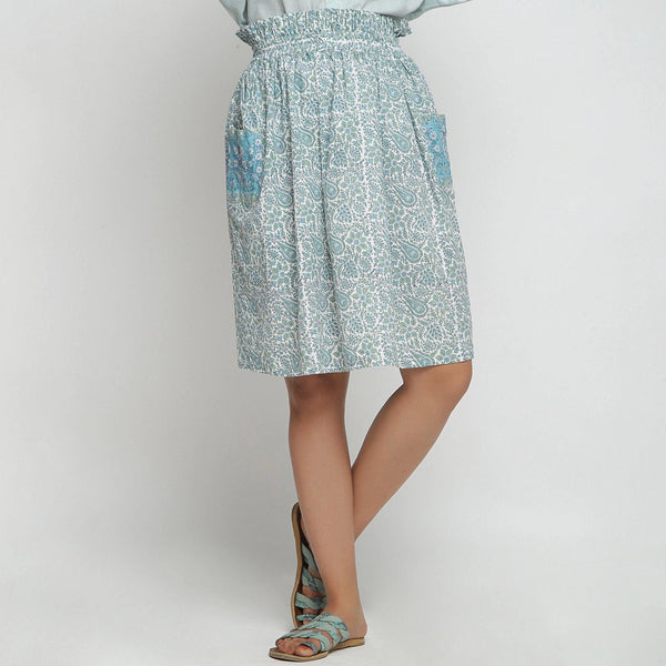 Front View of a Model wearing Sage Green Block Printed Cotton Knee Length Skirt
