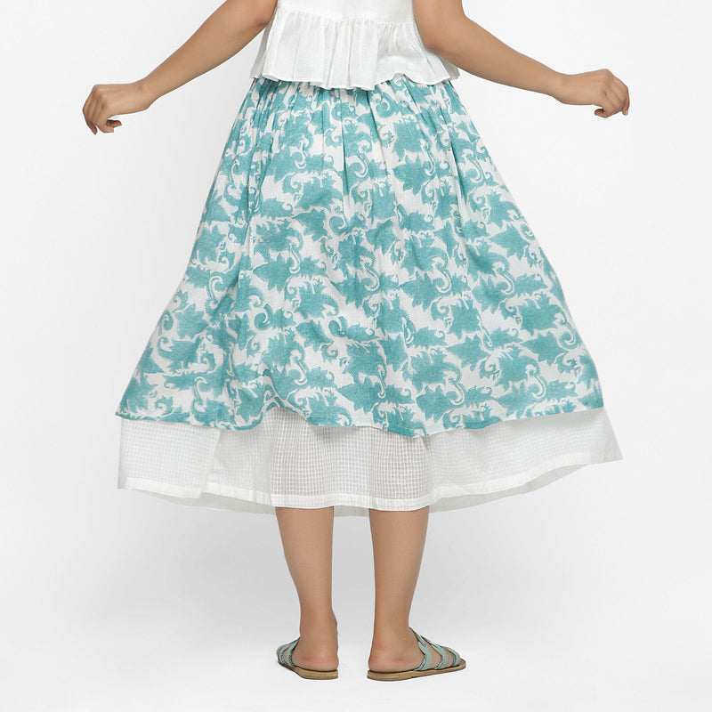 Back View of a Model wearing Sanganeri Block Print Cotton Layered Maxi Skirt