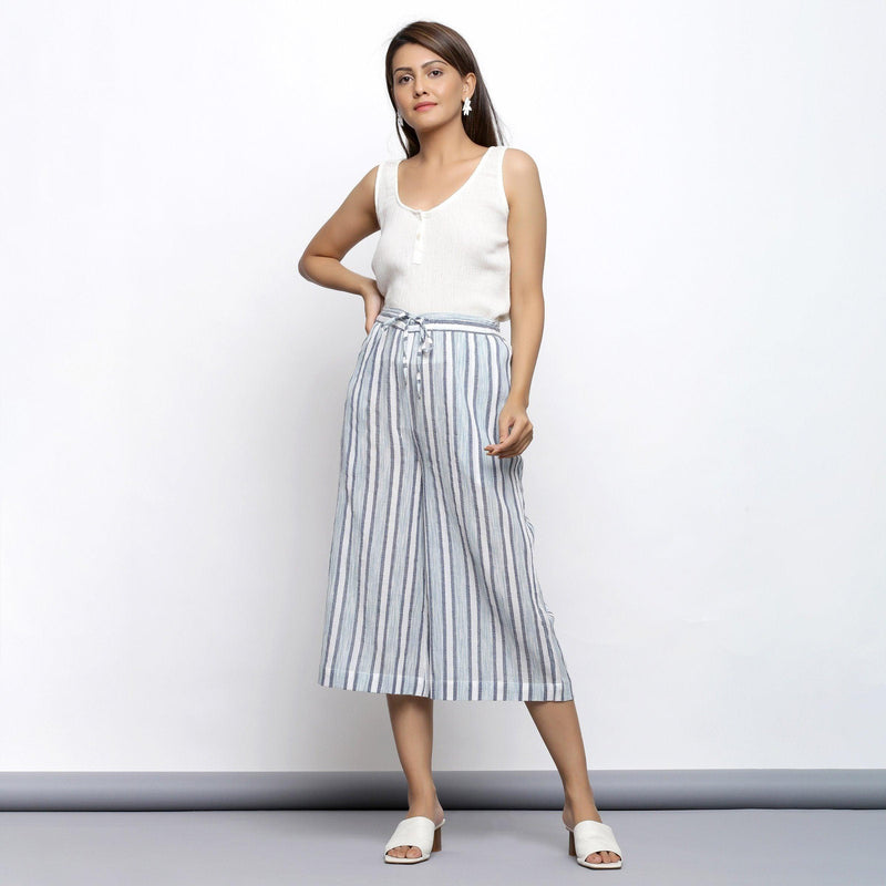 Front View of a Model Wearing Sky Blue Yarn Dyed Cotton Culottes