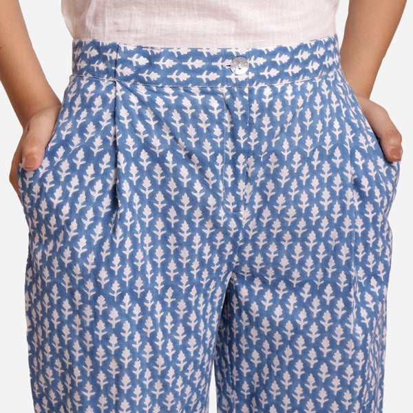 Front Detail of a Model wearing Blue Block Printed Straight Pant