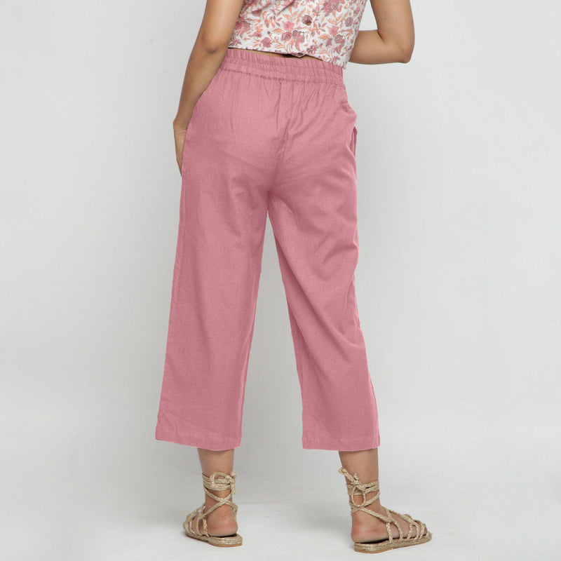 Back View of a Model wearing Solid Pink Cotton Flax Culottes