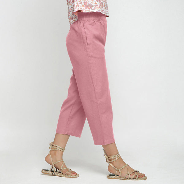 Right View of a Model wearing Solid Pink Cotton Flax Culottes