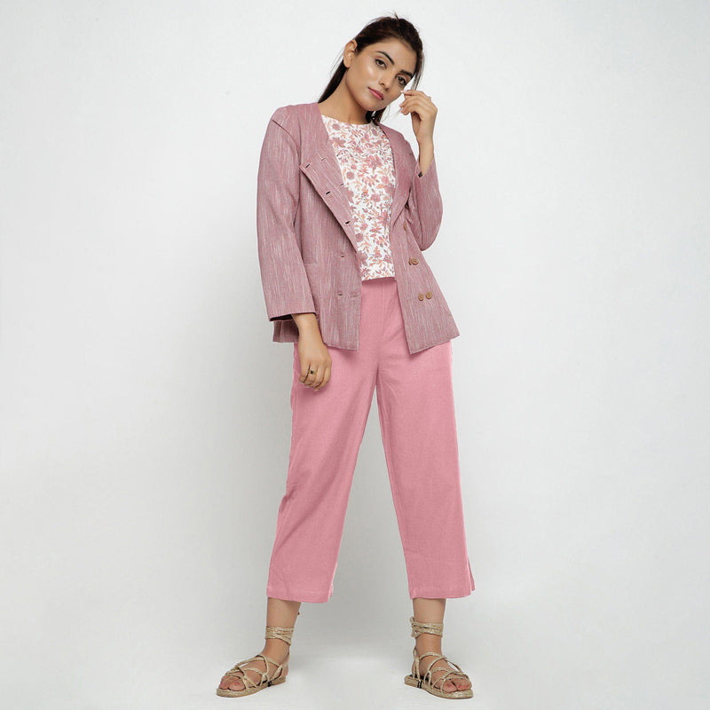 Front View of a Model wearing Solid Pink Cotton Flax Culottes
