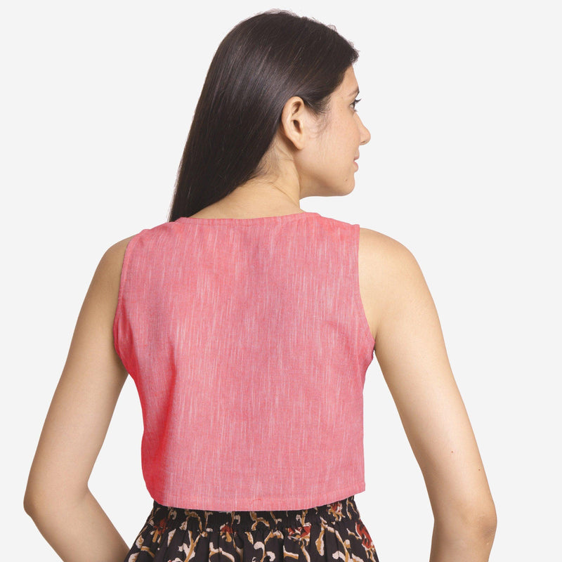 Back View of a Model wearing Solid Pink Yarn Dyed Cotton Crop Top
