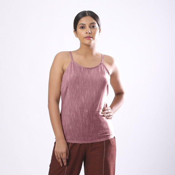 Front View of a Model wearing Solid Purple Basic Cotton Spaghetti Top