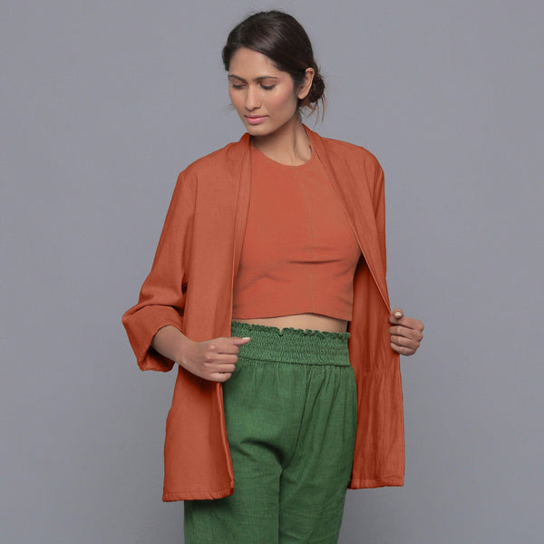Front View of a Model wearing Sunset Rust Corduroy Front Open Overlay