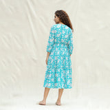 Back View of a Model wearing Turquoise Floral Block Printed Cotton Tier Midi Dress