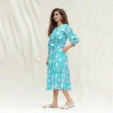 Left View of a Model wearing Turquoise Floral Block Printed Cotton Tier Midi Dress