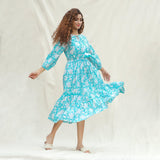 Right View of a Model wearing Turquoise Floral Block Printed Cotton Tier Midi Dress