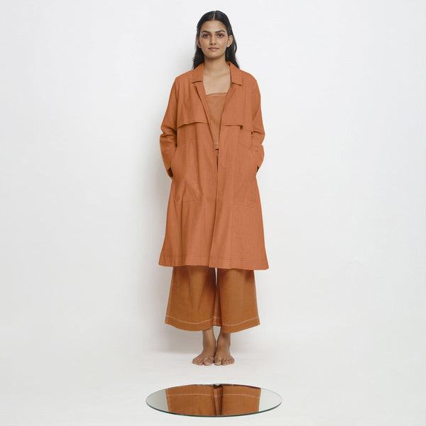Front View of a Model wearing Vegetable-Dyed Khaki Orange 100% Cotton Paneled Overlay