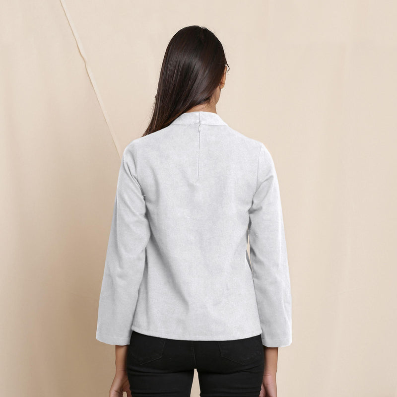 Back View of a Model wearing Warm Cloudy Grey Turtleneck Straight Top