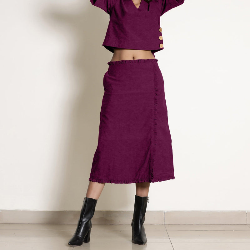 Front View of a Model wearing Warm Mulberry A-Line Frilled Cotton Skirt