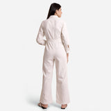 Back View of a Model wearing White Cotton Corduroy Regular Fit Overalls