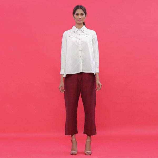 Front View of a Model wearing White Corduroy Shirt and Maroon Pant Set