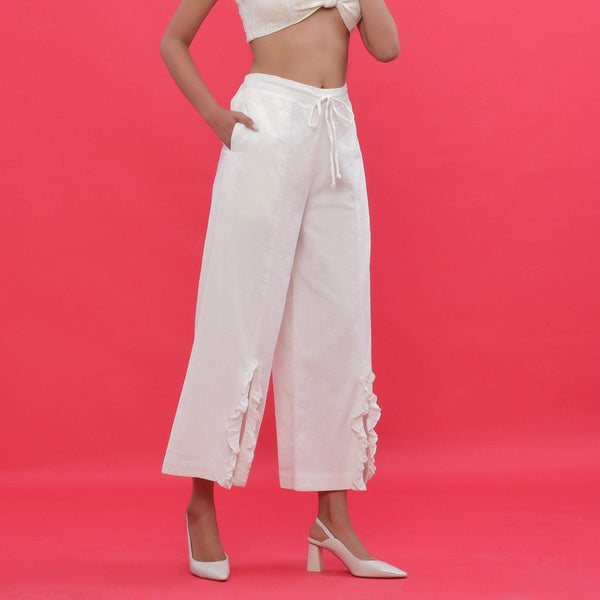 Right View of a Model wearing White Corduroy Slit Wide-Leg Pant
