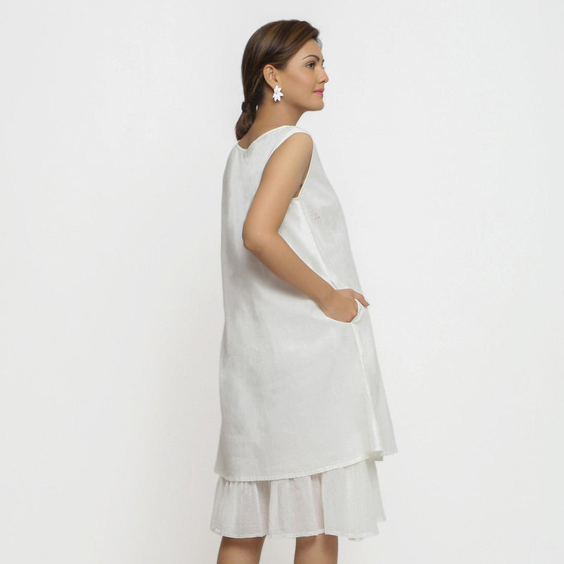 Back View of a Model wearing White Organic Cotton A-Line Knee Length Dress