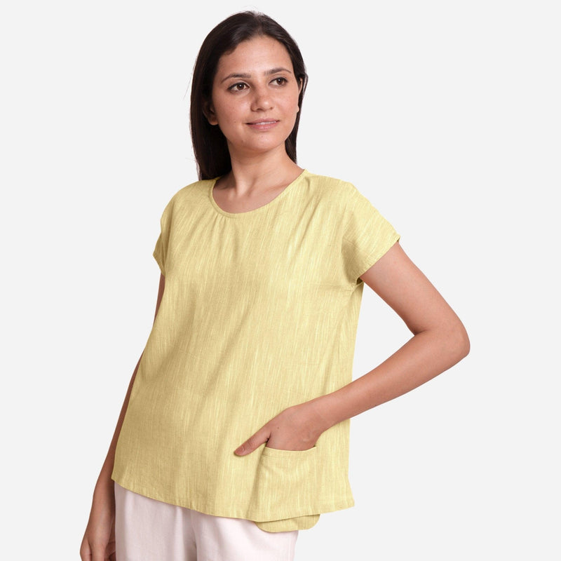 Left View of a Model wearing 100% Cotton Boat Neck A-Line Lemon Yellow Top