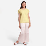 Front View of a Model wearing 100% Cotton Boat Neck A-Line Lemon Yellow Top