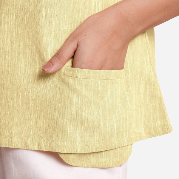 Front Detail of a Model wearing 100% Cotton Boat Neck A-Line Lemon Yellow Top