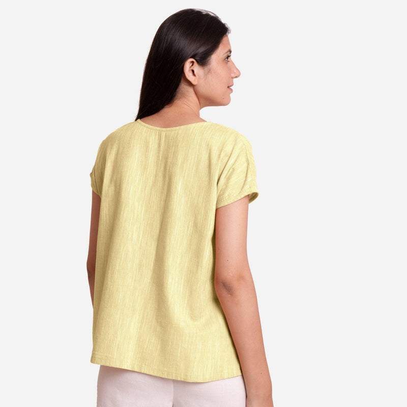 Back View of a Model wearing 100% Cotton Boat Neck A-Line Lemon Yellow Top