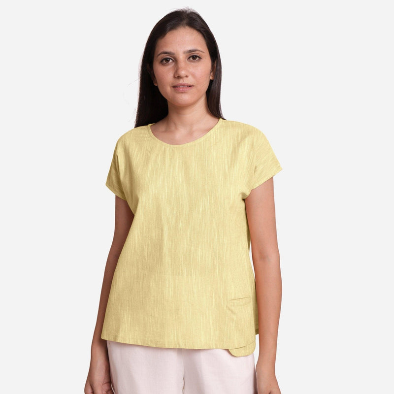 Front View of a Model wearing 100% Cotton Boat Neck A-Line Lemon Yellow Top