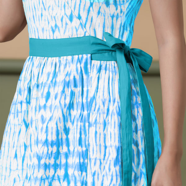 Reversible Ocean Blue Tie-Dye Cotton V-Neck Maxi Wrap Dress