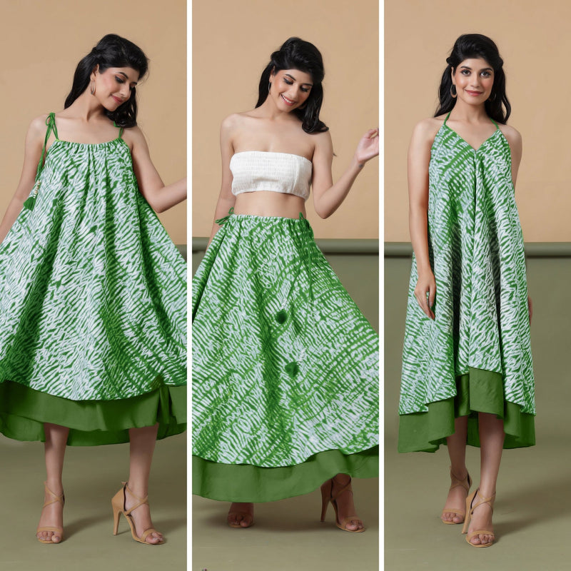6-Way Convertible Forest Green Tie-Dye Cotton Skirt Dress