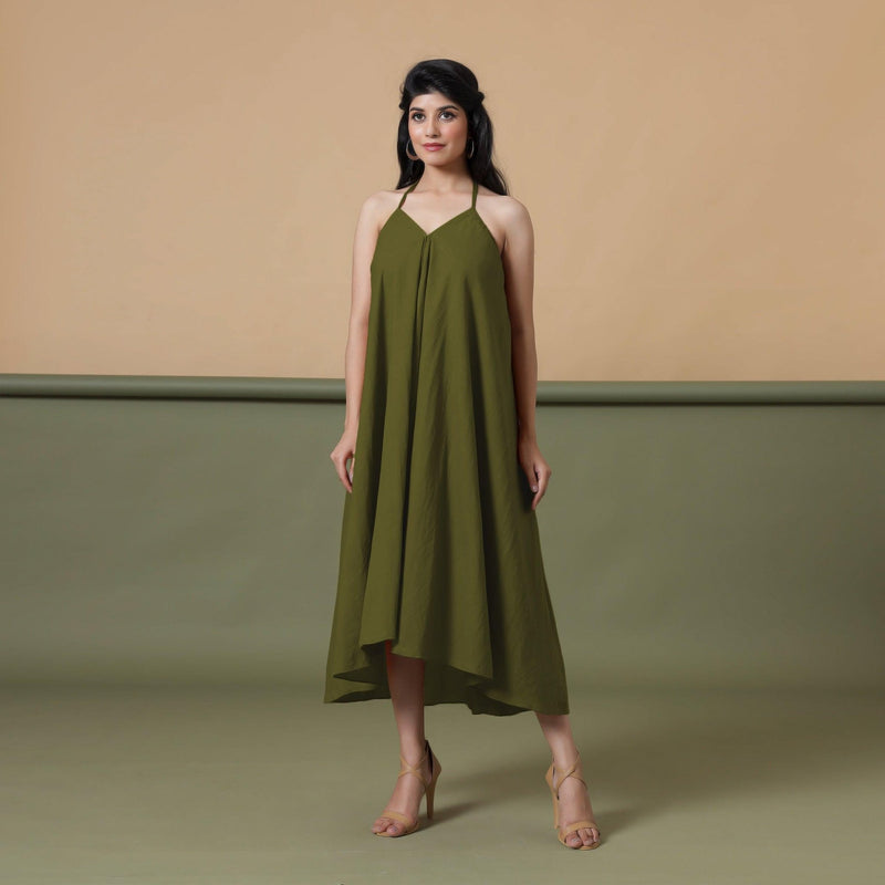 Front View of a Model wearing Convertible Olive Green Shibori Tie Dye 6-Way Skirt Dress