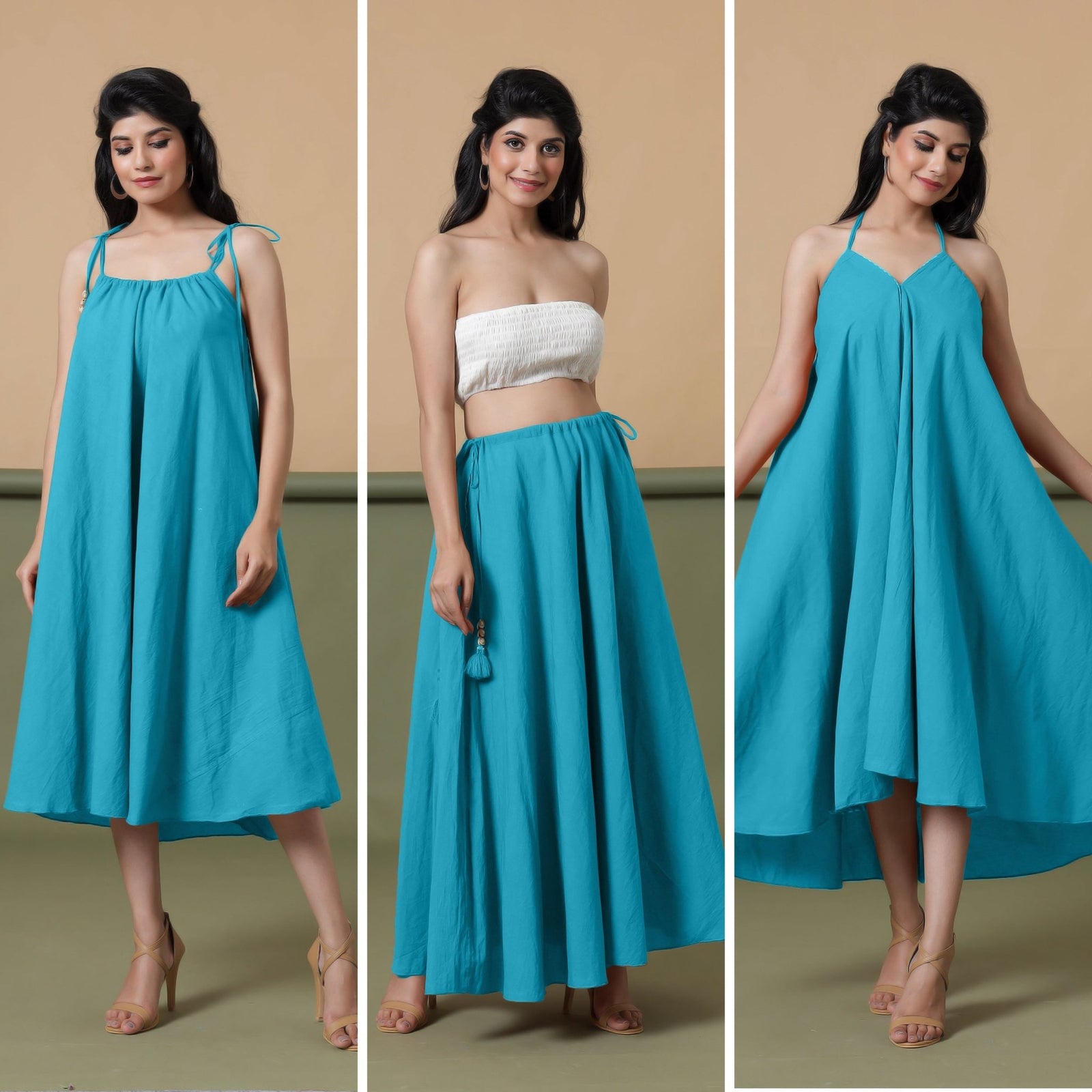 6-Way Convertible Ocean Blue Tie-Dye Cotton Skirt Dress 19