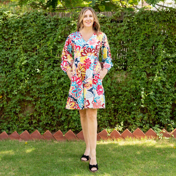 Multicolor Floral Printed 100% Cotton V-Neck Short Tier Dress