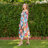 Multicolor Floral Printed 100% Cotton Off-Shoulder Maxi Tier Dress