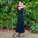 Black Crinkled Cotton Flax Halter Neck Maxi Dress