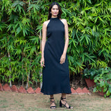 Black Crinkled Cotton Flax Halter Neck Maxi Dress