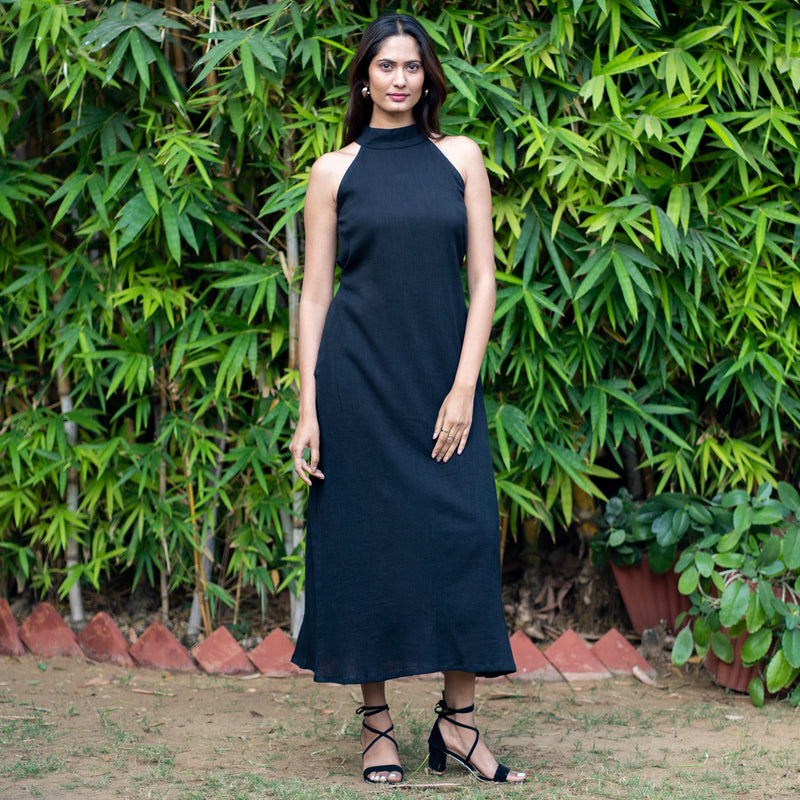 Black Crinkled Cotton Flax Halter Neck Maxi Dress